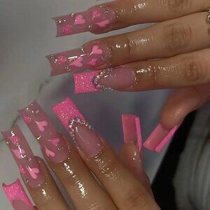 Valentine's Day 24pcs Glitter Pinkish French Style Fake Nails Sweet Heart Paint